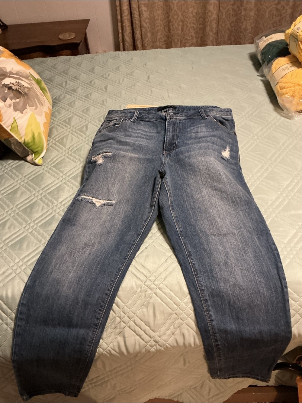 1822 Denim Women’s Boyfriend Jeans in Medium Blue with Distressing